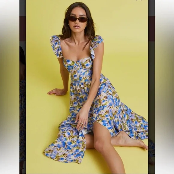 astr the label wedelia blue floral ruffle bustier midi spring summer dress small - Picture 2 of 9